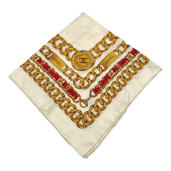 CHANEL Coco Mark Ivory x Multicolor Chain Pattern Square Silk Scarf /W Box - Picture 5 of 11